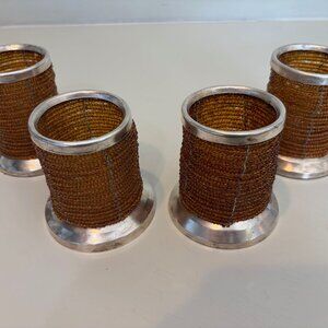 SET/4 POTTERY BARN SILVERPLATE BASED AMBER GOLD BEADED VOTIVE HOLDERS Preowned